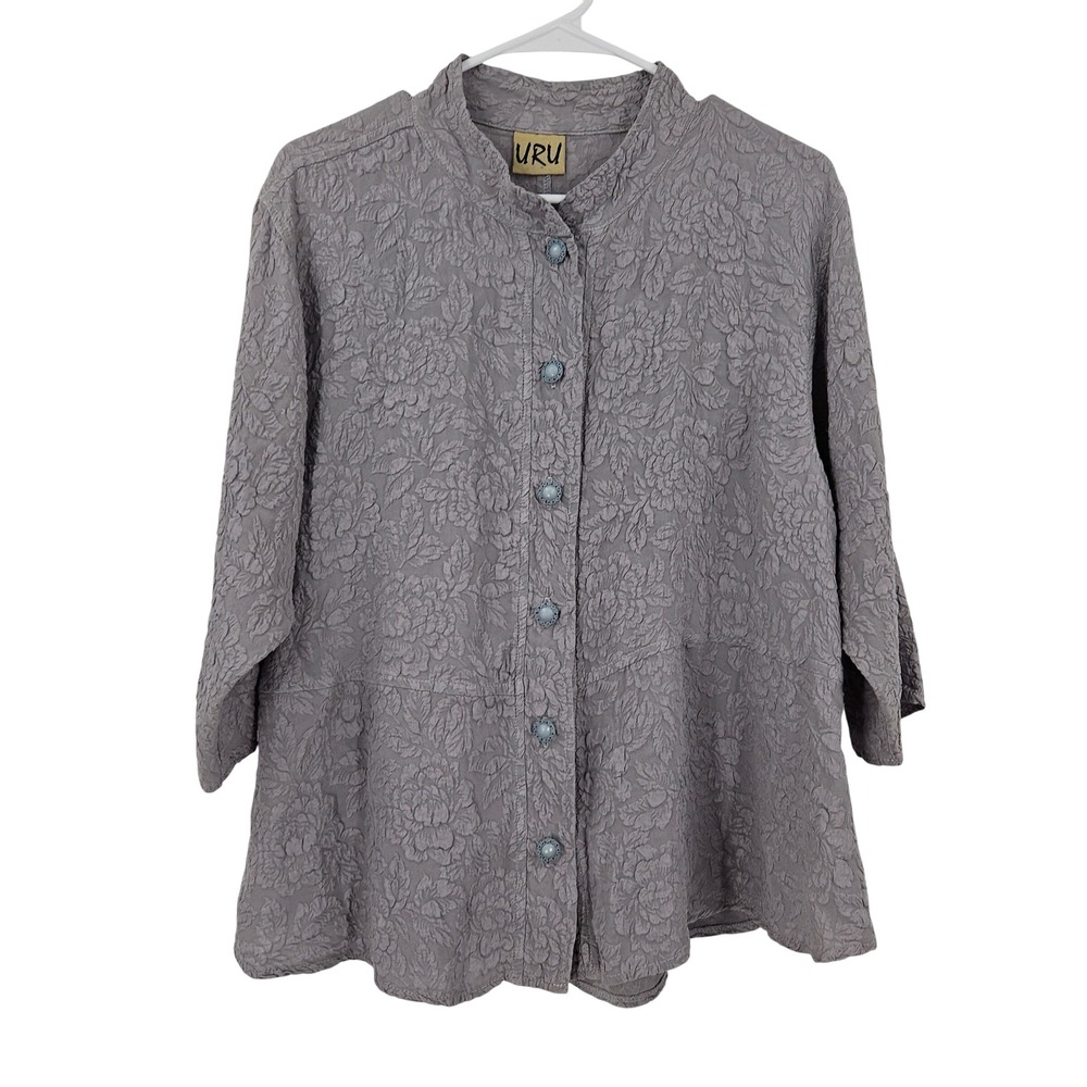 URU Textured Floral art to wear Silk Shirt Purple Gray Button Down Lagenlookm